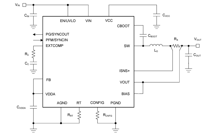 Schéma du circuit d'application - Texas Instruments Convertisseurs Buck LM704A0-Q1